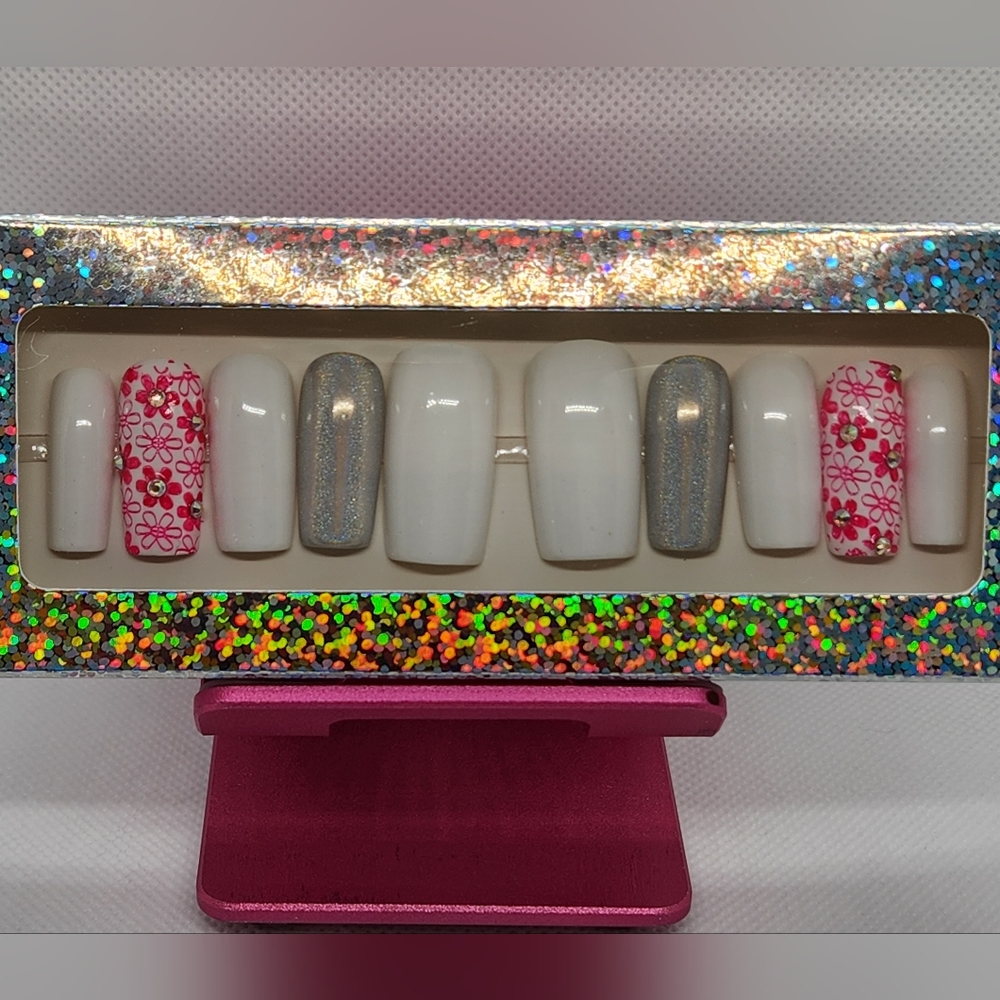 Pink, white, iridescent chrome, rhinestones. Press On Nails